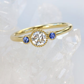 Custom 18ct Gold Diamond and Ceylon Blue Sapphire Trilogy Ring