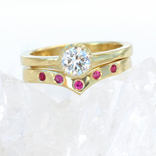 Custom 18ct Gold Diamond Solitaire Engagement & Ruby Wishbone Wedding Ring Set