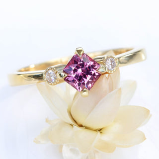 Custom 18ct Gold Octagon Cut Pink Sapphire & Diamond Trilogy Ring