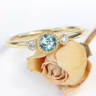 Custom 18ct Gold Petite Teal Sapphire & Diamond Trilogy Engagement Ring