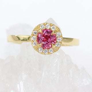 Custom 18ct Gold Pink Sapphire & Diamond Halo Engagement Ring