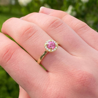 Custom 18ct Gold Pink Sapphire & Diamond Halo Engagement Ring