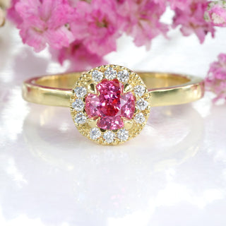 Custom 18ct Gold Pink Sapphire & Diamond Halo Engagement Ring