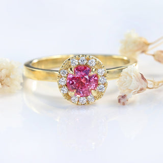 Custom 18ct Gold Pink Sapphire & Diamond Halo Engagement Ring