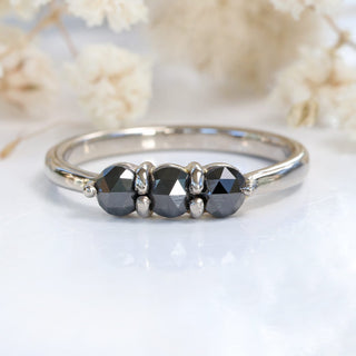 Custom 18ct White Gold Rose Cut Black Diamond Trilogy Ring