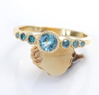 Custom Aquamarine and Teal Diamond 7 Stone Ring
