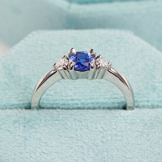Custom Ceylon Sapphire and Diamond Trilogy Platinum Engagement Ring