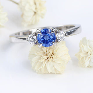 Custom Ceylon Sapphire and Diamond Trilogy Platinum Engagement Ring