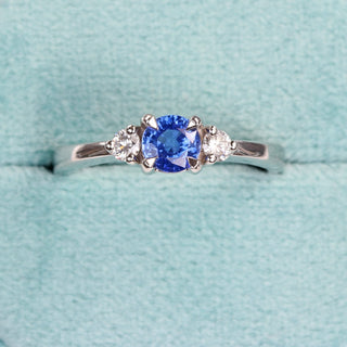 Custom Ceylon Sapphire and Diamond Trilogy Platinum Engagement Ring