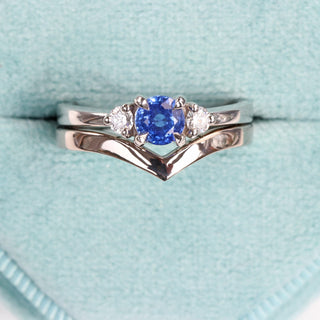 Custom Ceylon Sapphire and Diamond Trilogy Platinum Engagement Ring