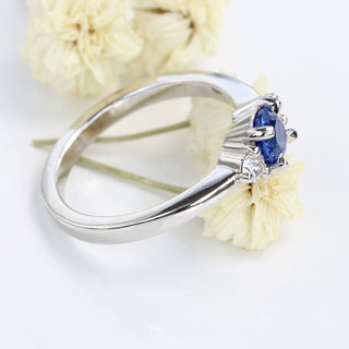 Custom Ceylon Sapphire and Diamond Trilogy Platinum Engagement Ring