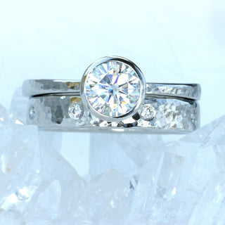 Custom Moissanite Solitaire Platinum Ring Set, Hammered Finish