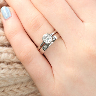 Custom Moissanite Solitaire Platinum Ring Set, Hammered Finish