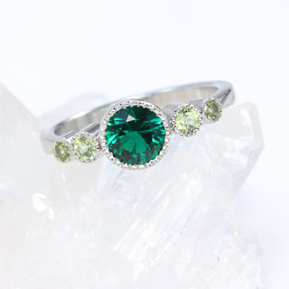 Custom Platinum Bespoke Emerald and Peridot 5-Stone Engagement Ring