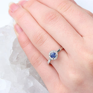Custom Platinum Ceylon Sapphire & Diamond Halo Engagement Ring