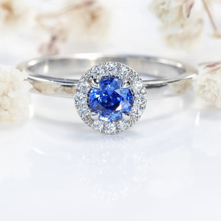 Custom Platinum Ceylon Sapphire & Diamond Halo Engagement Ring