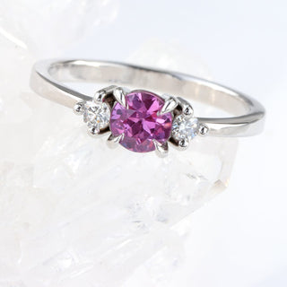 Custom Platinum Fuchsia Pink Sapphire and Diamond Trilogy Engagement Ring (Size N, Resize K - Q)