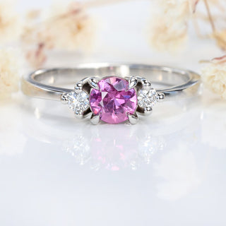 Custom Platinum Fuchsia Pink Sapphire and Diamond Trilogy Engagement Ring (Size N, Resize K - Q)