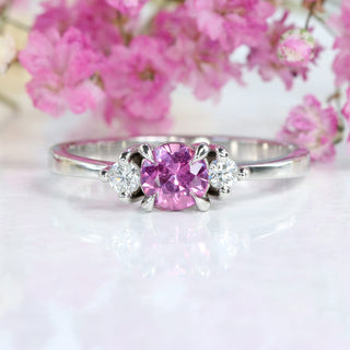 Custom Platinum Fuchsia Pink Sapphire and Diamond Trilogy Engagement Ring (Size N, Resize K - Q)