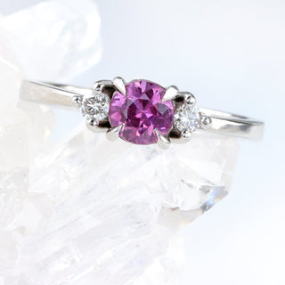 Custom Platinum Fuchsia Pink Sapphire and Diamond Trilogy Engagement Ring (Size N, Resize K - Q)