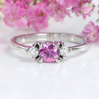 Custom Platinum Fuchsia Pink Sapphire and Diamond Trilogy Engagement Ring (Size N, Resize K - Q)
