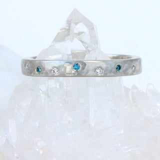 Custom Platinum Hammered Band with Blue and White Diamonds