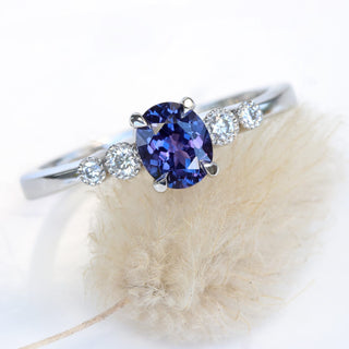 Custom Polperro Purple Sapphire & Diamond Cluster Platinum Engagement Ring
