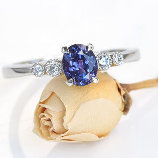 Custom Polperro Purple Sapphire & Diamond Cluster Platinum Engagement Ring