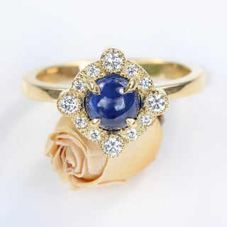 Golitha Handmade 18ct Gold Blue Sapphire and Diamond Halo Ring