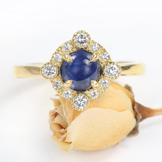 Golitha Handmade 18ct Gold Blue Sapphire and Diamond Halo Ring