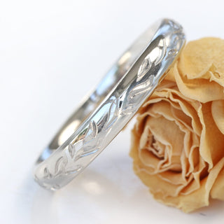 Platinum Engraved Leaves 3mm Comfort Fit Court Wedding Ring