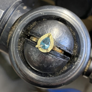 Custom Teal Sapphire and Diamond Halo Engagement Ring in 18ct Gold