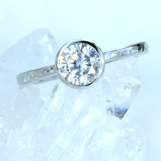 Custom Moissanite Solitaire Platinum Ring Set, Hammered Finish