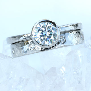 Custom Moissanite Solitaire Platinum Ring Set, Hammered Finish