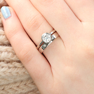 Custom Moissanite Solitaire Platinum Ring Set, Hammered Finish