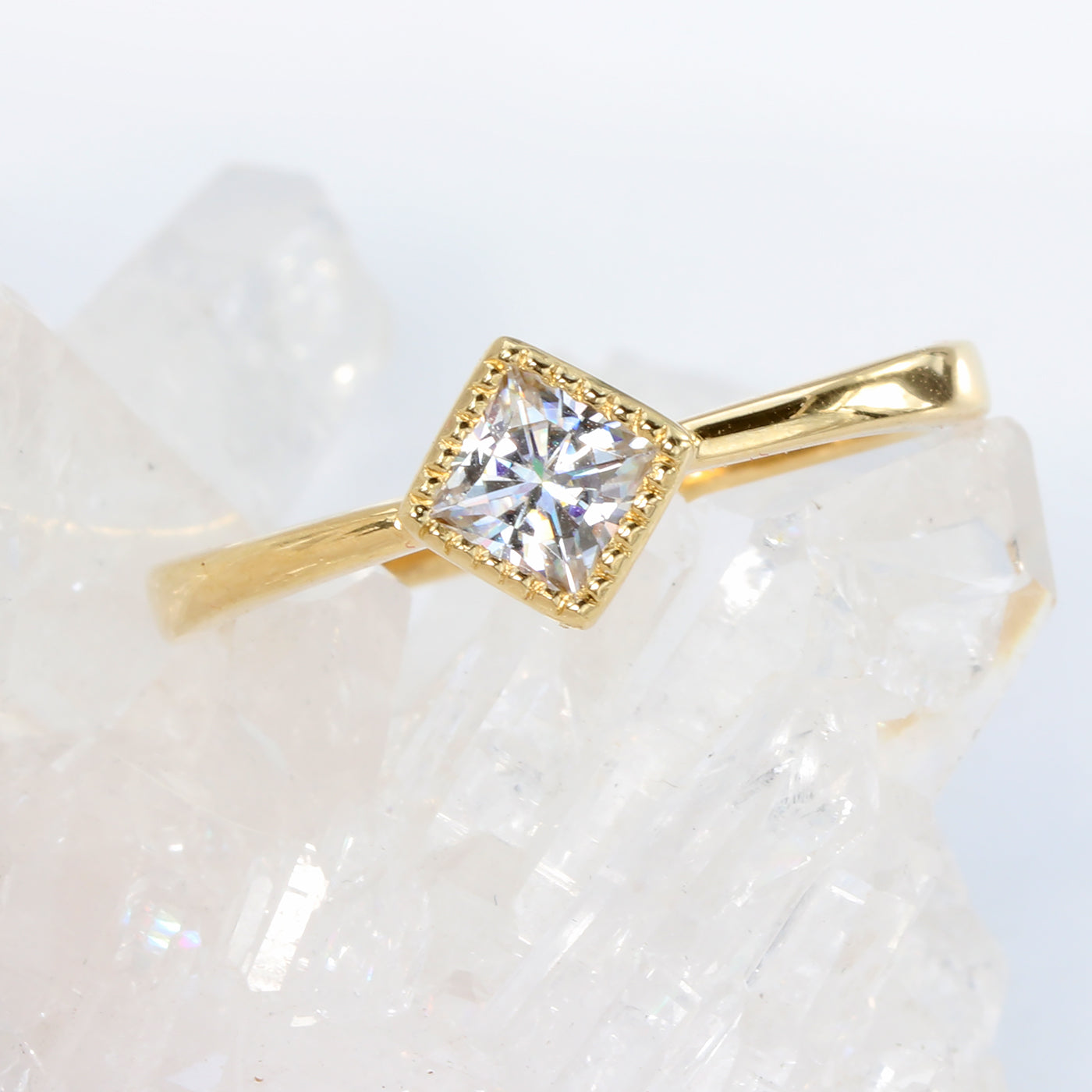 18ct Gold Princess Cut Solitaire Moissanite Engagement Ring (Size M 1/2, Resize J 1/2 - P 1/2)