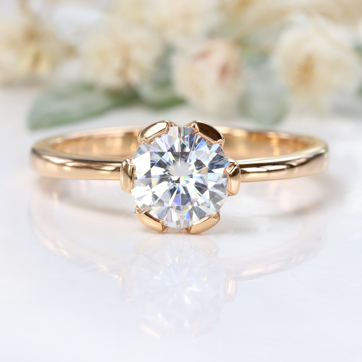 18ct Rose Gold Moissanite Flower Solitaire Engagement Ring (Size M 1/2, Resize J 1/2 - N)
