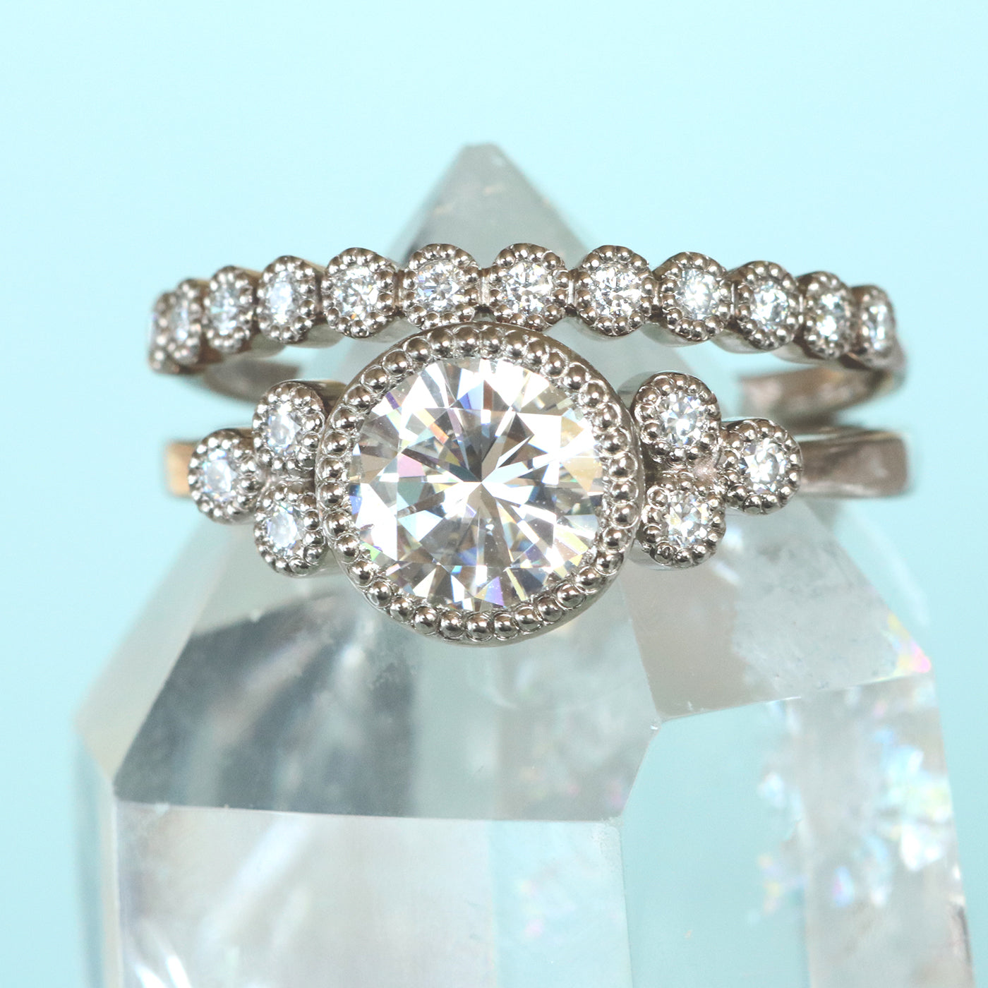 moissanite cluster ring & diamond eternity ring