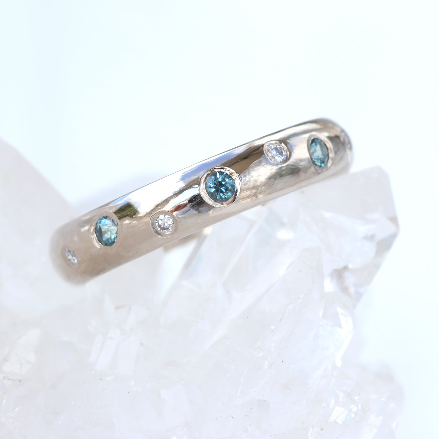 Custom Montana Teal Blue Sapphire and Diamond Eternity Ring, 18ct White Gold