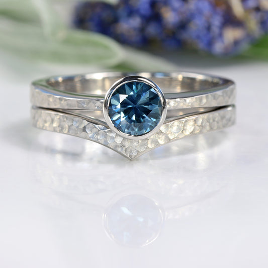 Platinum Hammered Blue Sapphire Solitaire & Wishbone Bridal Ring Set