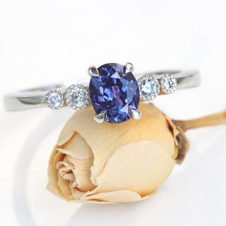 Custom Polperro Purple Sapphire & Diamond Cluster Platinum Engagement Ring