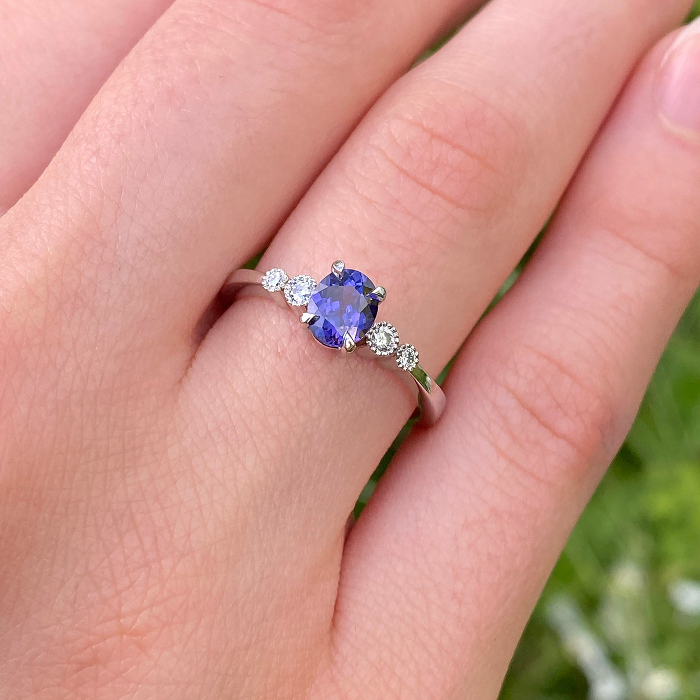 Platinum Purple Sapphire & Diamond Cluster Engagement Ring (Size L 1/2, Resize K to N)