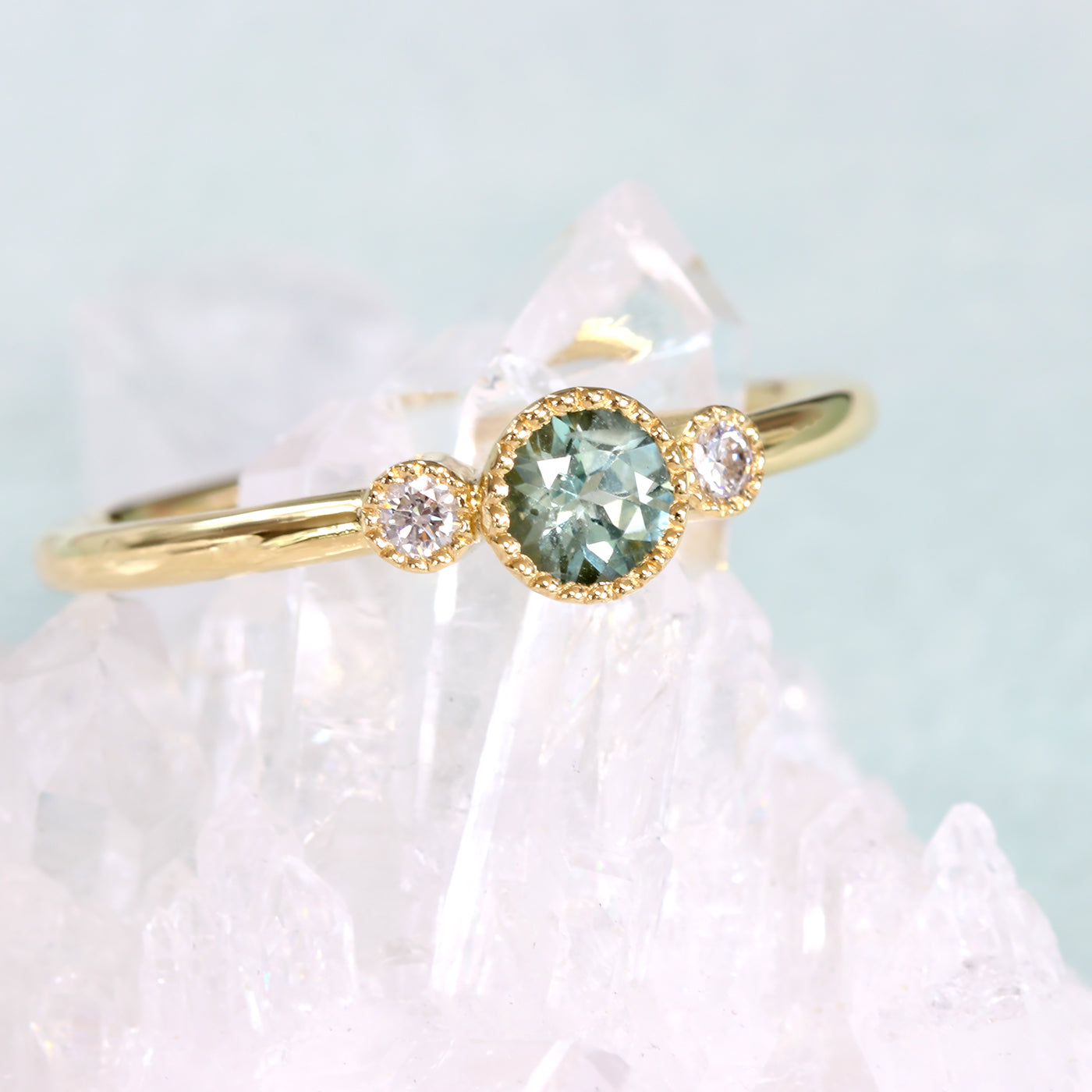 18ct Gold Petite Green Teal Milgrain Engraved Sapphire & Diamond Trilogy Engagement Ring