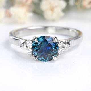 Custom Parti Sapphire & Diamond Cluster Platinum Engagement Ring