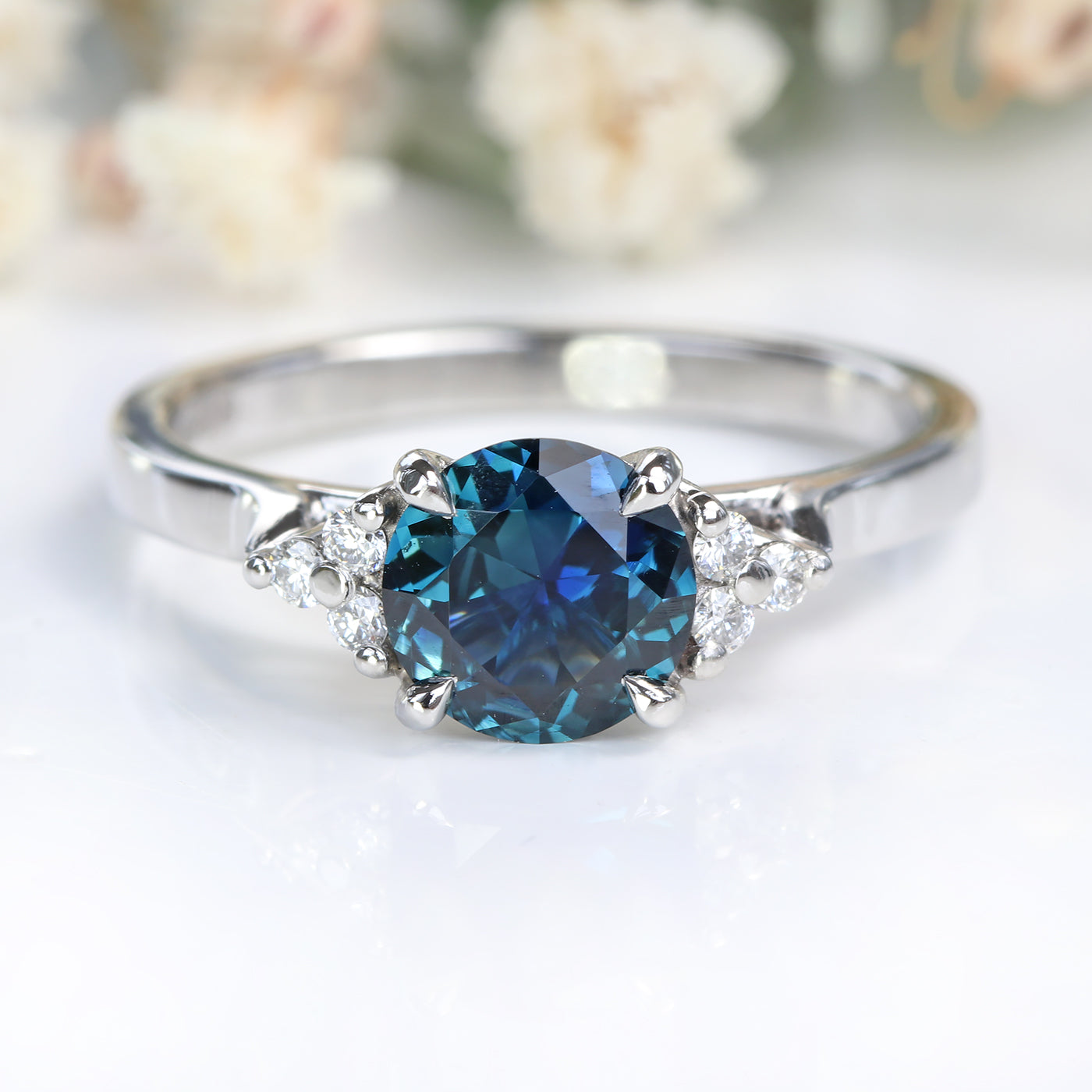 Parti Sapphire & Diamond Cluster Platinum Engagement Ring (Size L, Resize J - N)