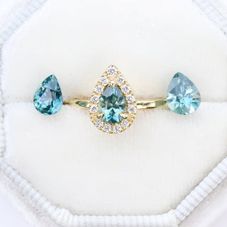 18ct Gold Teal Sapphire & Diamond Halo Ring
