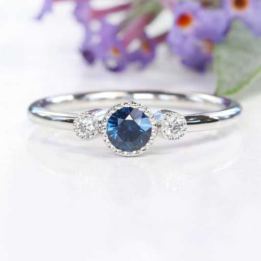 Platinum Petite Blue Sapphire & Diamond Trilogy Engagement Ring