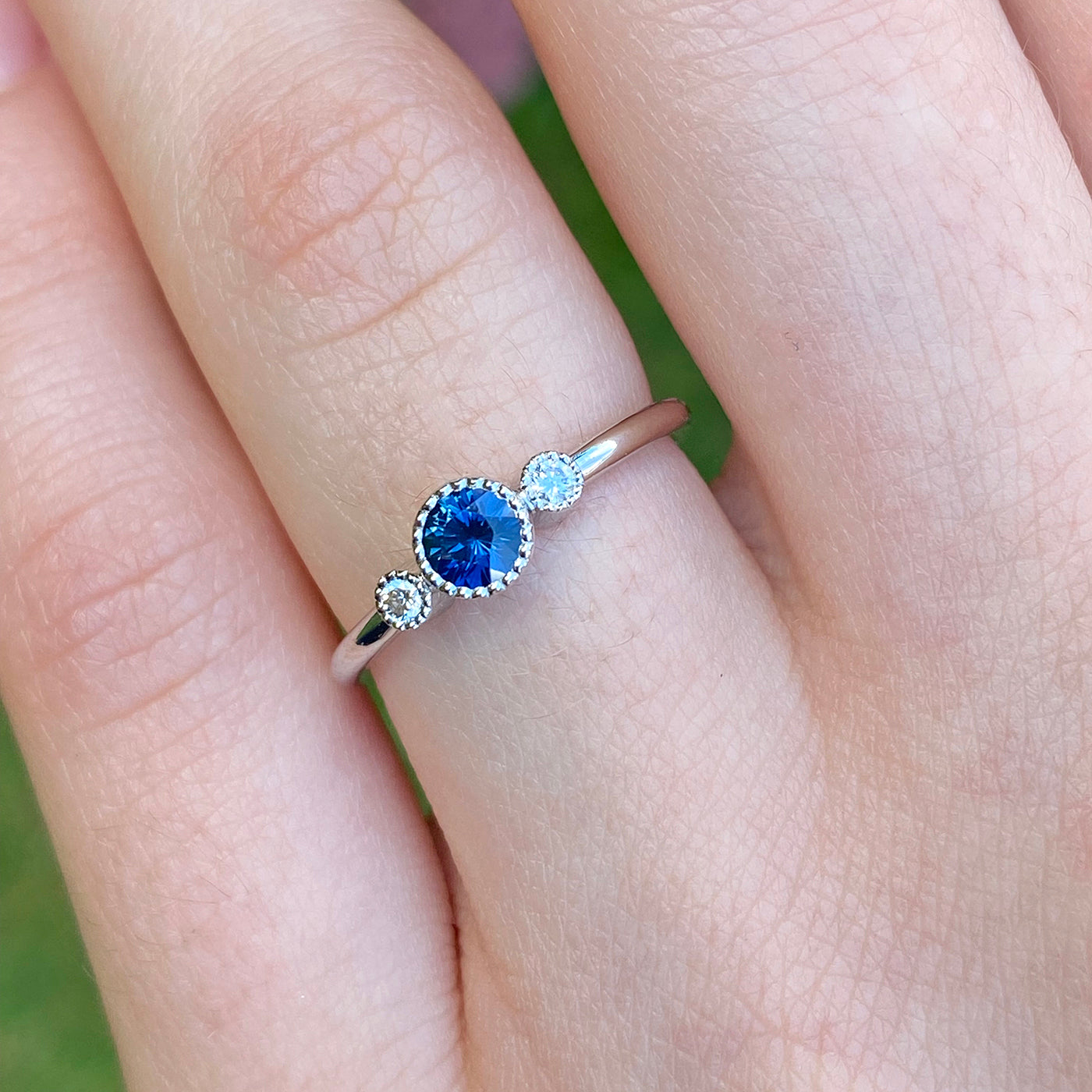 Platinum Petite Blue Sapphire & Diamond Trilogy Engagement Ring