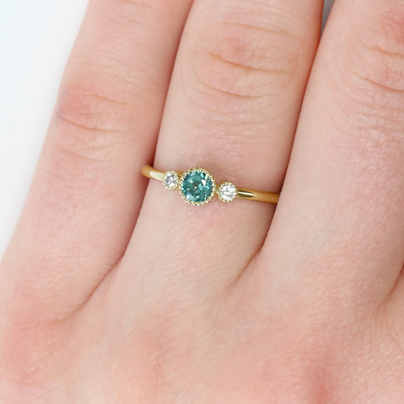 18ct Gold Petite Green Teal Milgrain Engraved Sapphire & Diamond Trilogy Engagement Ring