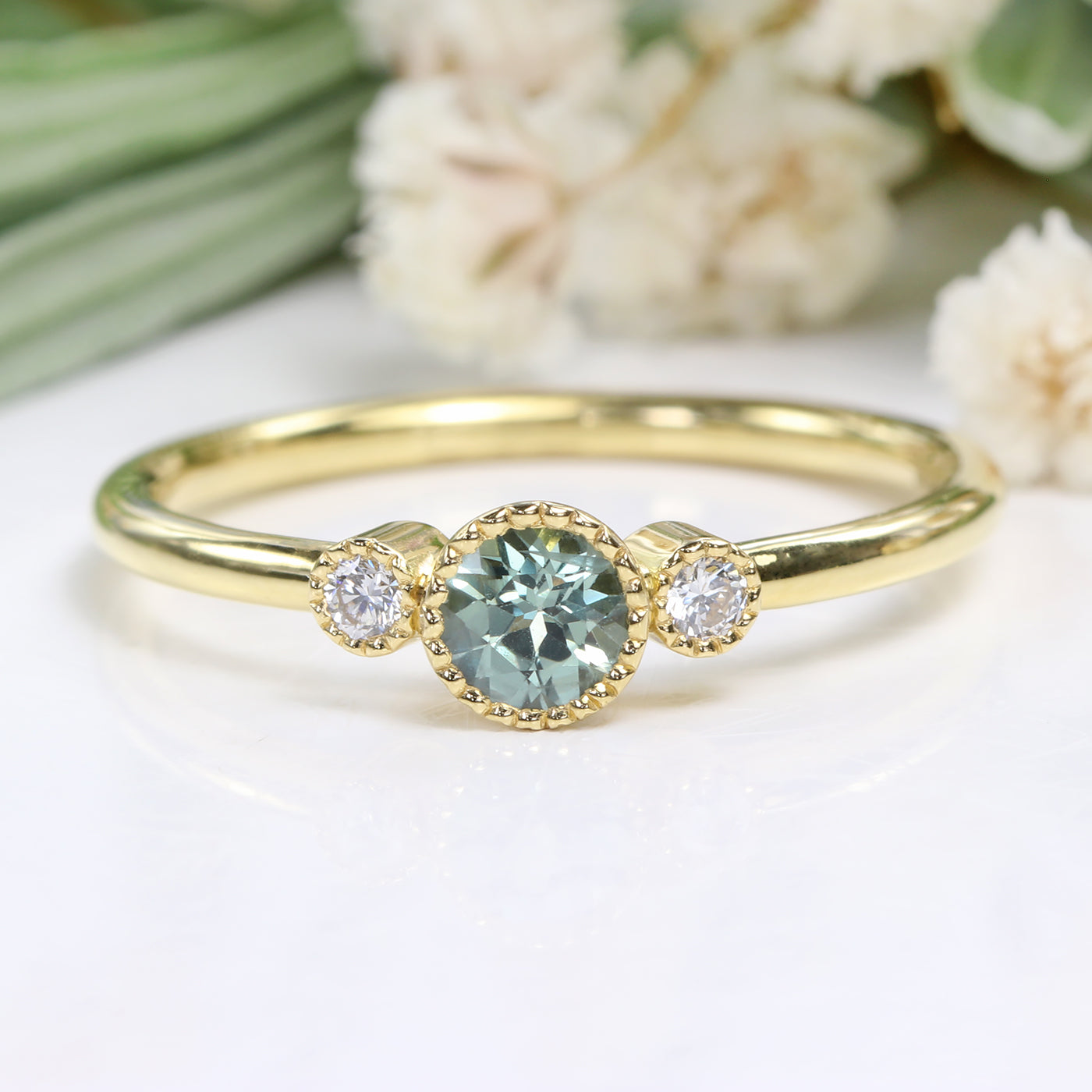 18ct Gold Petite Green Teal Milgrain Engraved Sapphire & Diamond Trilogy Engagement Ring